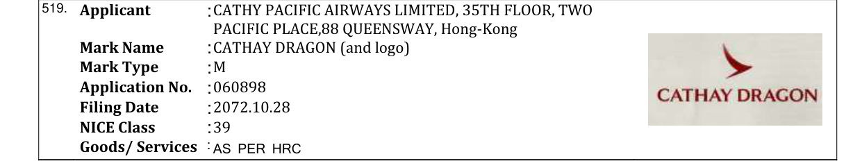 Original bulletin entry for CATHAY DRAGON (and logo)
