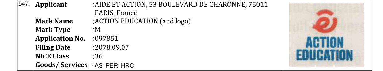 Original bulletin entry for ACTION EDUCATION (and logo)