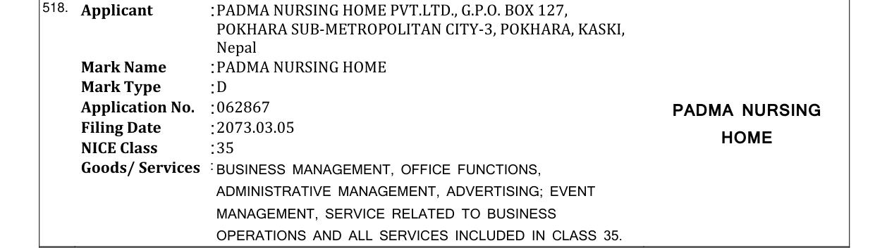 Original bulletin entry for PADMA NURSING HOME