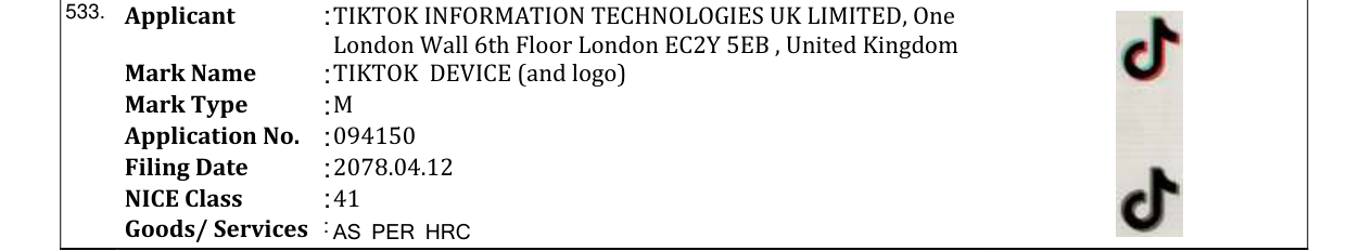 Original bulletin entry for TIKTOK DEVICE (and logo)