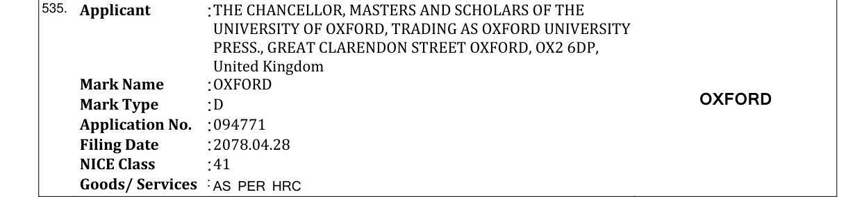 Original bulletin entry for OXFORD