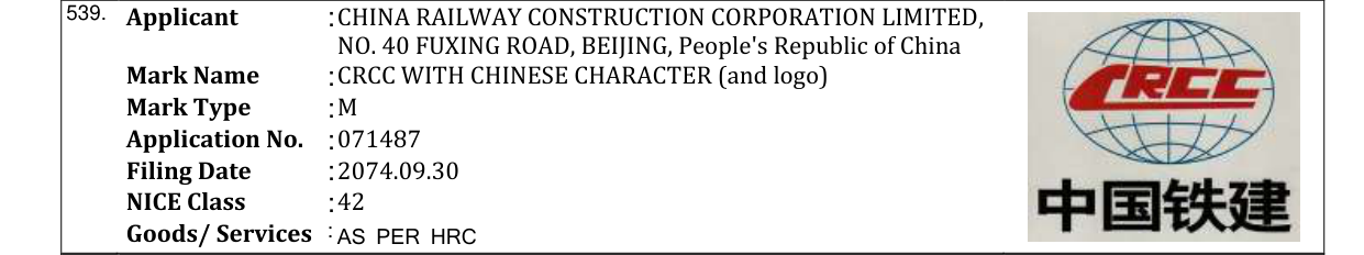 Original bulletin entry for CRCC WITH CHINESE CHARACTER (and logo)