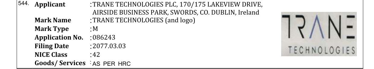 Original bulletin entry for TRANE TECHNOLOGIES (and logo)