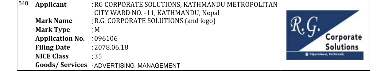 Original bulletin entry for R.G. CORPORATE SOLUTIONS (and logo)