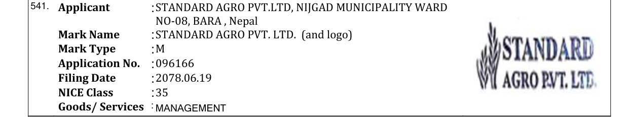 Original bulletin entry for STANDARD AGRO PVT. LTD. (and logo)