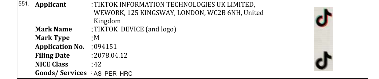 Original bulletin entry for TIKTOK DEVICE (and logo)