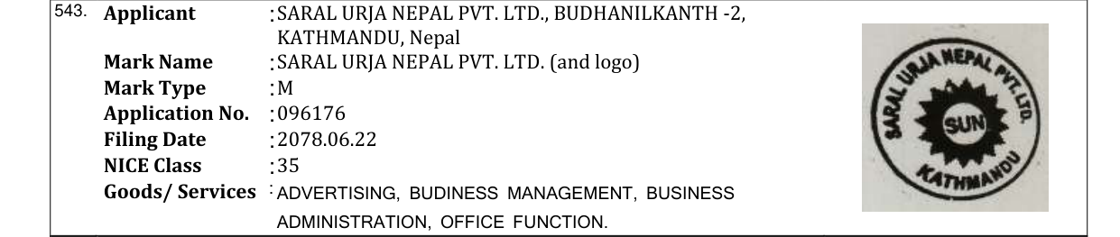Original bulletin entry for SARAL URJA NEPAL PVT. LTD. (and logo)