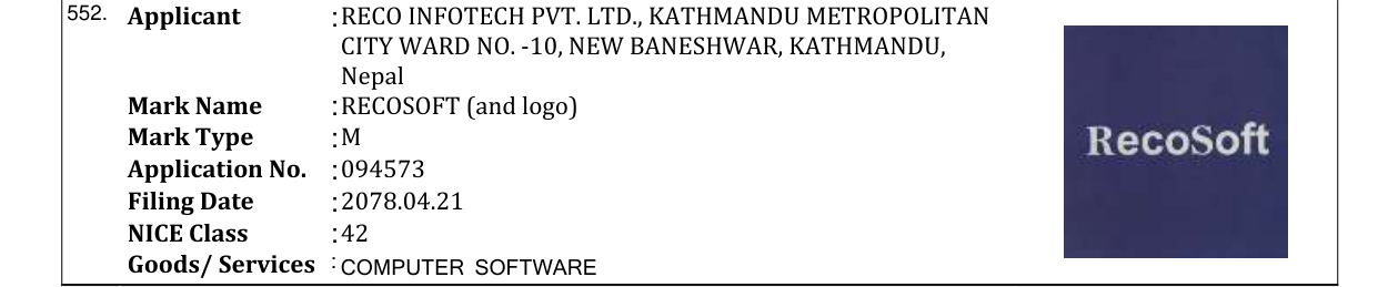 Original bulletin entry for RECOSOFT (and logo)