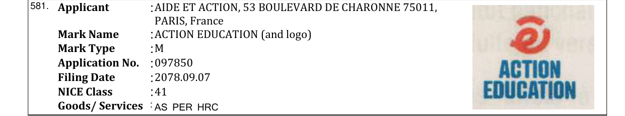 Original bulletin entry for ACTION EDUCATION (and logo)