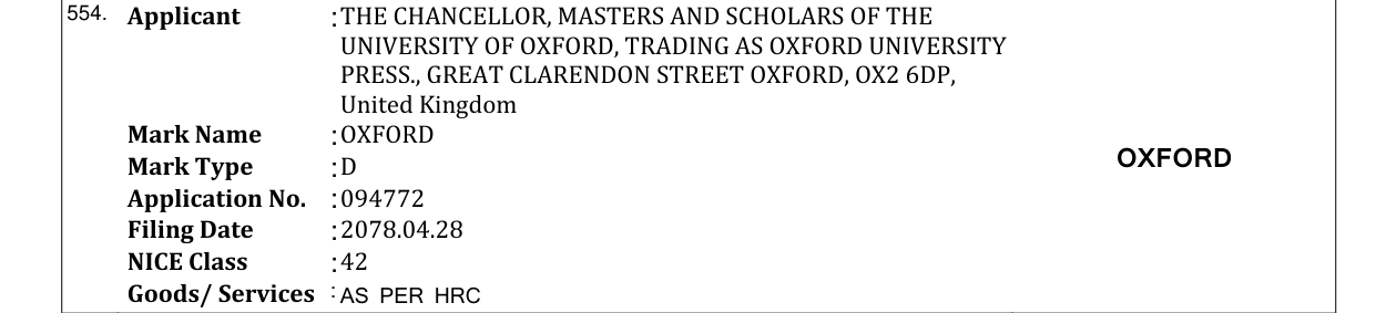 Original bulletin entry for OXFORD
