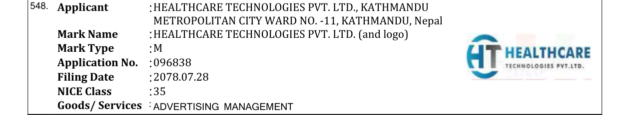 Original bulletin entry for HEALTHCARE TECHNOLOGIES PVT. LTD. (and logo)