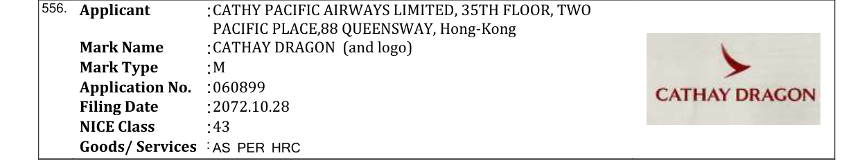 Original bulletin entry for CATHAY DRAGON (and logo)