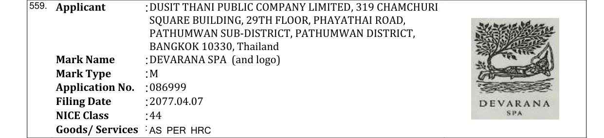 Original bulletin entry for DEVARANA SPA (and logo)