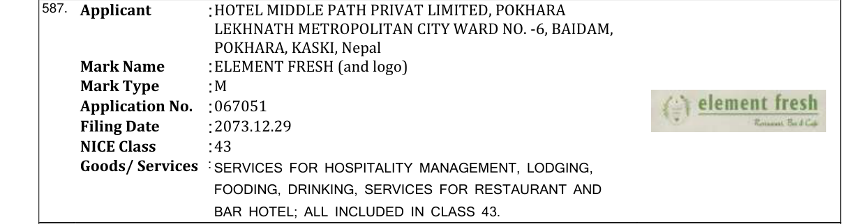 Original bulletin entry for ELEMENT FRESH (and logo)