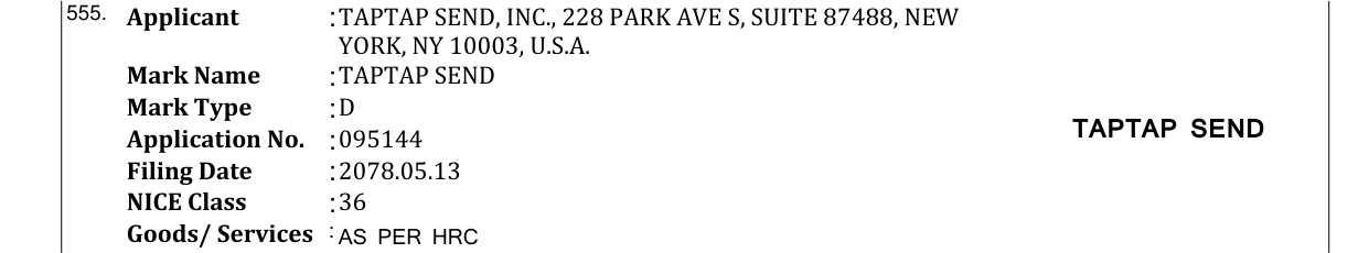 Original bulletin entry for TAPTAP SEND