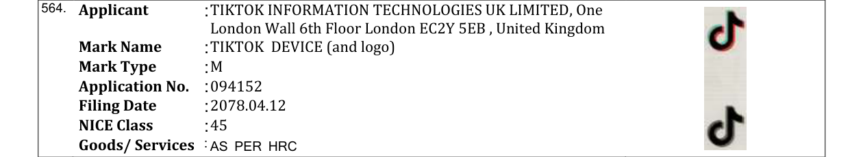 Original bulletin entry for TIKTOK DEVICE (and logo)