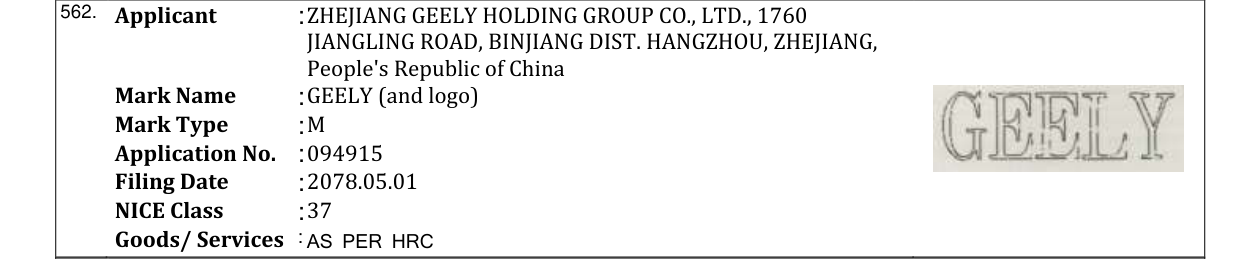 Original bulletin entry for GEELY (and logo)