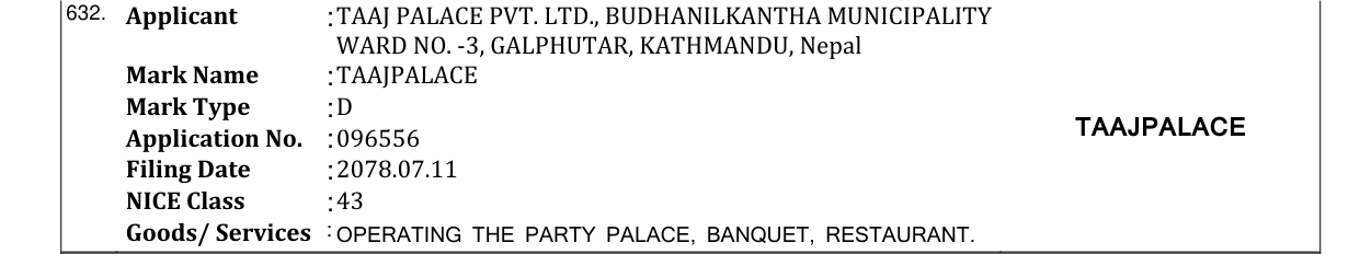 Original bulletin entry for TAAJPALACE