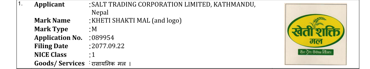 Original bulletin entry for KHETI SHAKTI MAL (and logo)