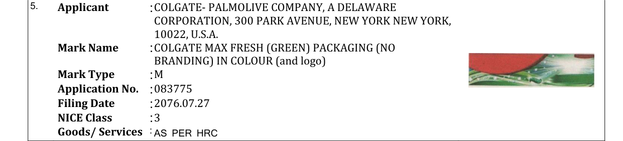 Original bulletin entry for COLGATE MAX FRESH (GREEN) PACKAGING (NO BRANDING) IN COLOUR (and logo)