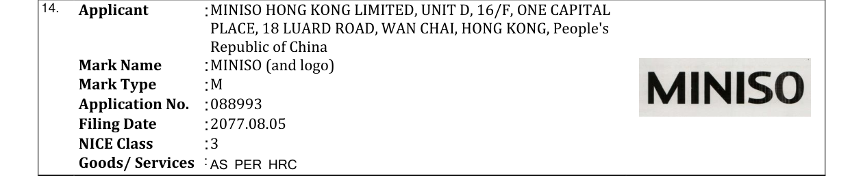 Original bulletin entry for MINISO (and logo)