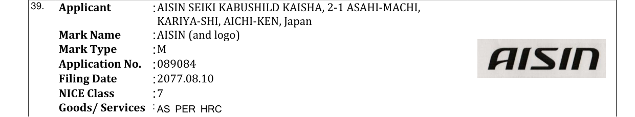 Original bulletin entry for AISIN (and logo)