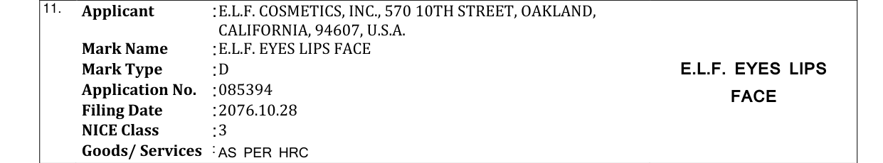Original bulletin entry for E.L.F. EYES LIPS FACE