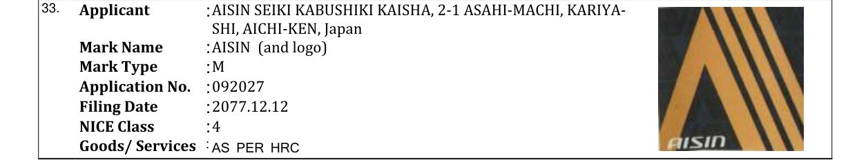 Original bulletin entry for AISIN (and logo)