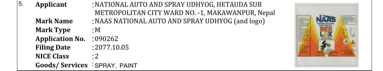 Original bulletin entry for NAAS NATIONAL AUTO AND SPRAY UDHYOG (and logo)