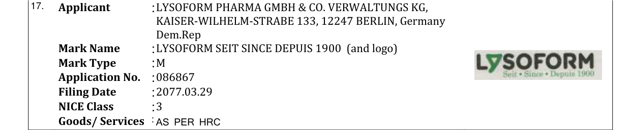 Original bulletin entry for LYSOFORM SEIT SINCE DEPUIS 1900 (and logo)