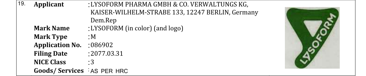 Original bulletin entry for LYSOFORM (in color) (and logo)