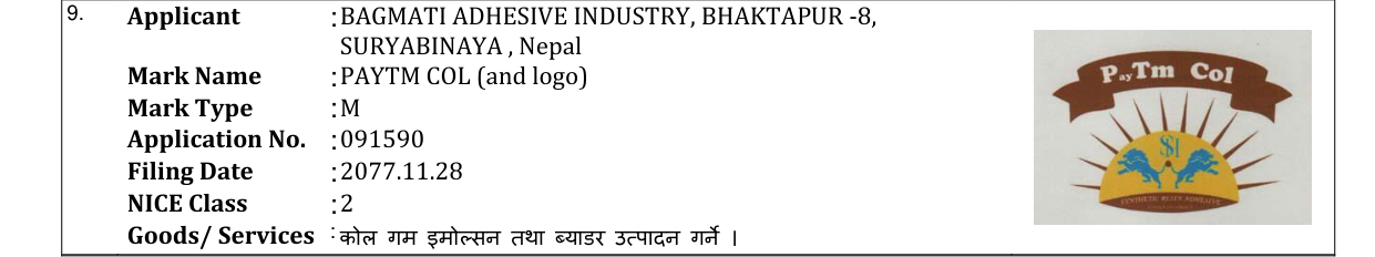 Original bulletin entry for PAYTM COL (and logo)