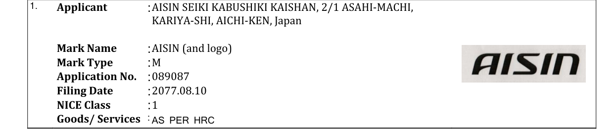 Original bulletin entry for AISIN (and logo)