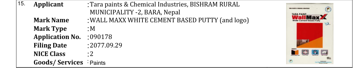 Original bulletin entry for WALL MAXX WHITE CEMENT BASED PUTTY (and logo)