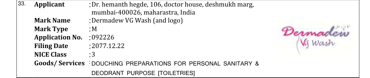 Original bulletin entry for Dermadew VG Wash (and logo)