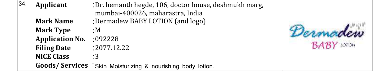 Original bulletin entry for Dermadew BABY LOTION (and logo)