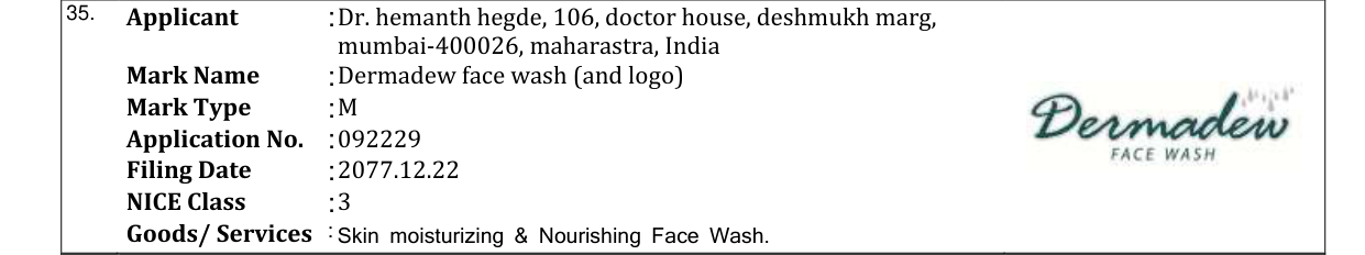 Original bulletin entry for Dermadew face wash (and logo)
