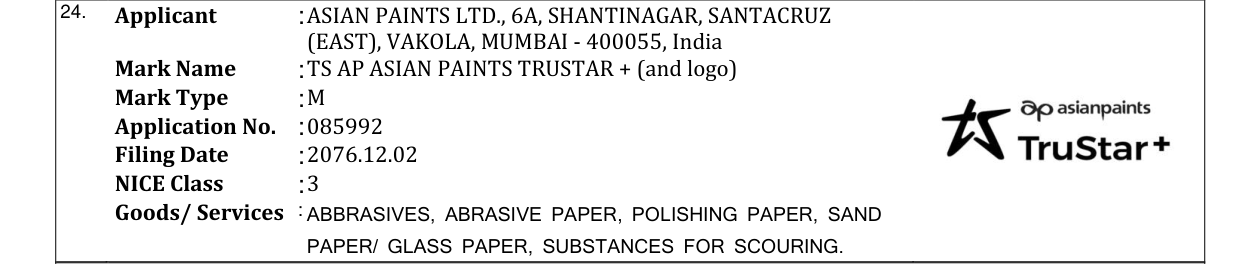 Original bulletin entry for TS AP ASIAN PAINTS TRUSTAR + (and logo)
