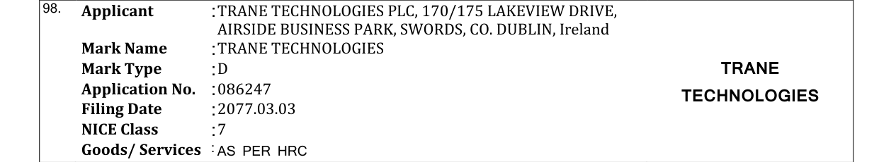 Original bulletin entry for TRANE TECHNOLOGIES