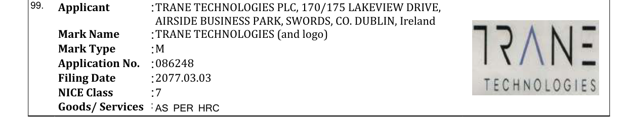 Original bulletin entry for TRANE TECHNOLOGIES (and logo)