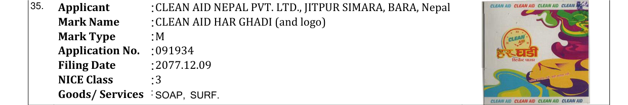 Original bulletin entry for CLEAN AID HAR GHADI (and logo)