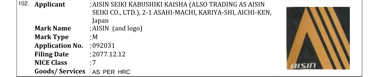 Original bulletin entry for AISIN (and logo)