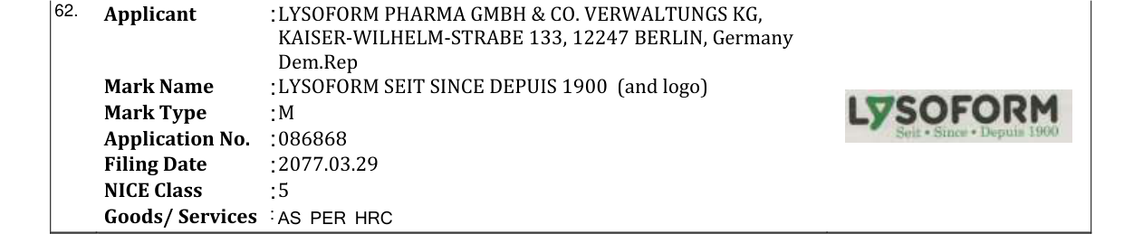 Original bulletin entry for LYSOFORM SEIT SINCE DEPUIS 1900 (and logo)
