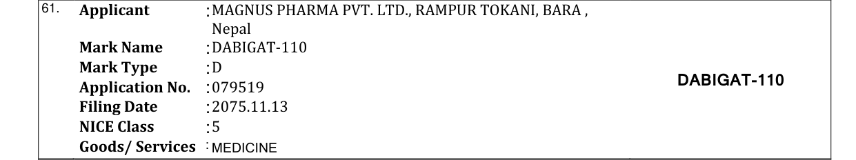 Original bulletin entry for DABIGAT-110