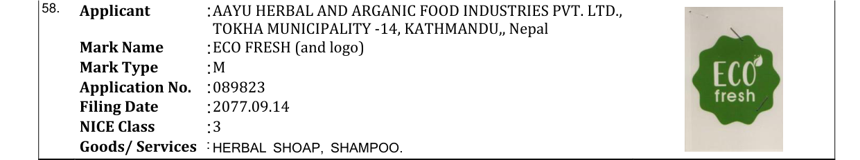 Original bulletin entry for ECO FRESH (and logo)