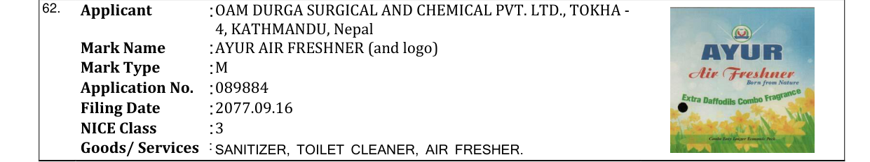 Original bulletin entry for AYUR AIR FRESHNER (and logo)