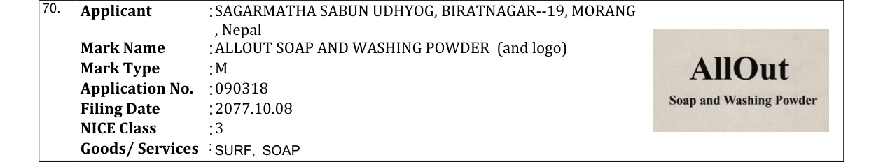 Original bulletin entry for ALLOUT SOAP AND WASHING POWDER (and logo)