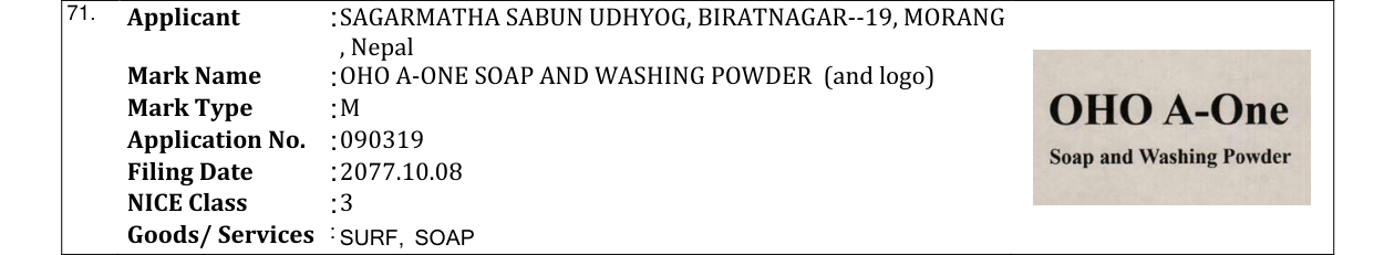 Original bulletin entry for OHO A-ONE SOAP AND WASHING POWDER (and logo)