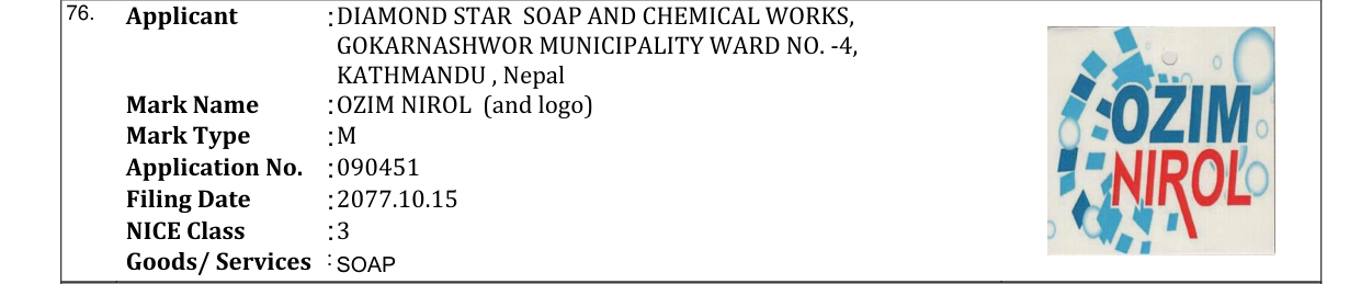 Original bulletin entry for OZIM NIROL (and logo)