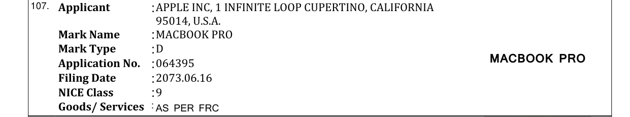 Original bulletin entry for MACBOOK PRO